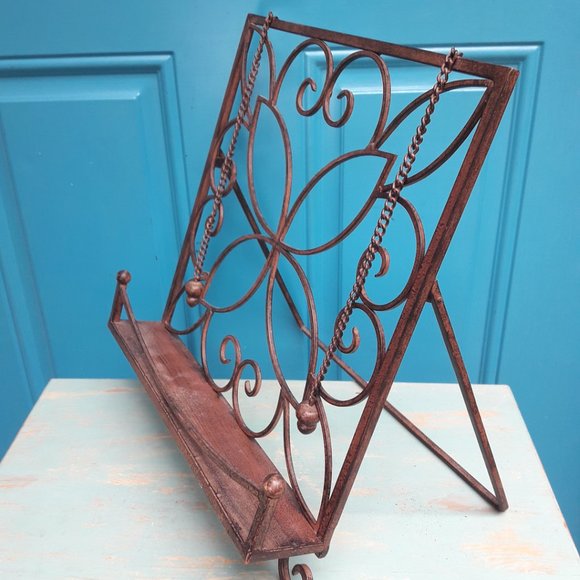Metal Cook Book Display Stand Kickstand Page Holder Chain with Weights Vintage - Picture 2 of 12